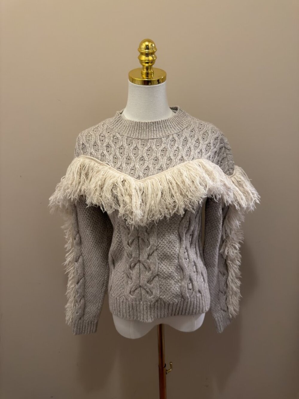 AMUR Ulla Fringe Knit Sweater Ivory L